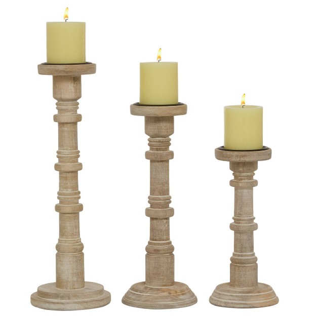 Set Of 3 Round Natural Wood Carved Candle Holders Olivia amp May