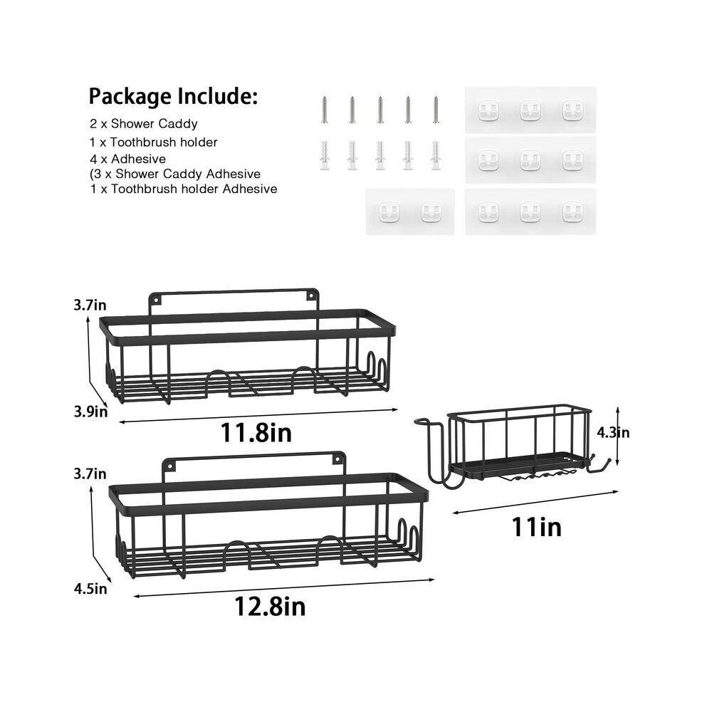 Adhesive Shower Caddy Shower Shelves Stainless Steel Self in Black 3 Pcs 695009613