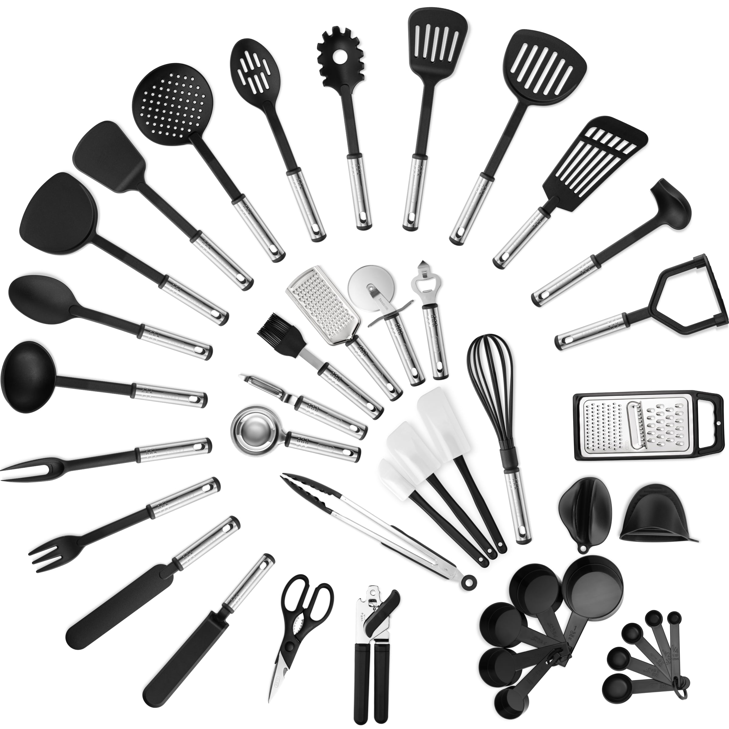 Klee Deluxe 42-Piece Heat-Resistant Stainless Steel and Nylon Kitchen Utensil Set, (Black)