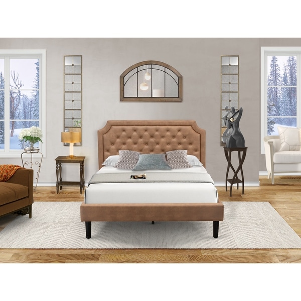 Platform Bedroom Set- Dark Brown Faux Leather Upholstered Bed with Black Legs - Distressed Jacobean Nightstand(Size Options) - - 34702909