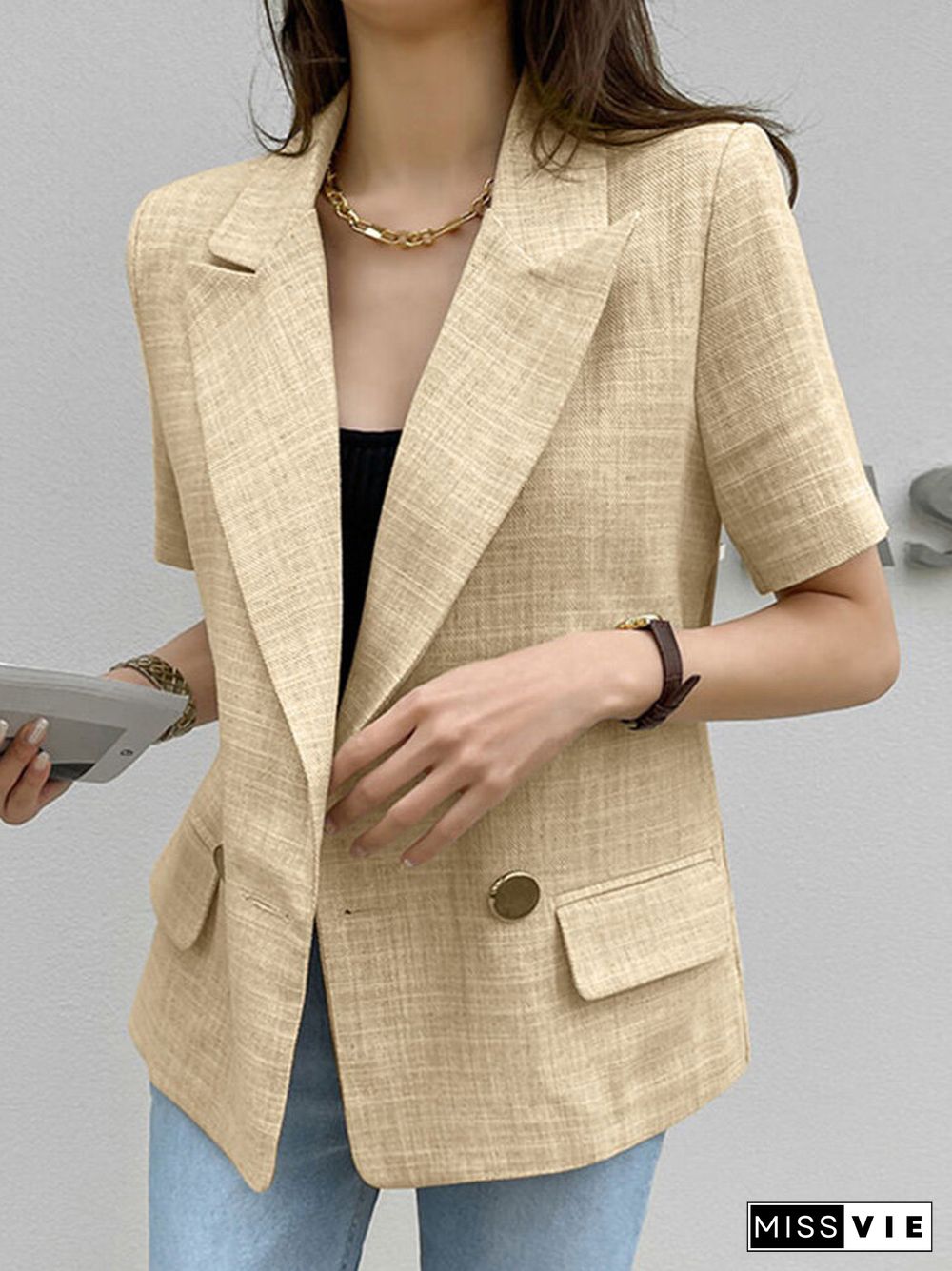 Short Sleeve Button Front Lapel Casual Blazer for Women