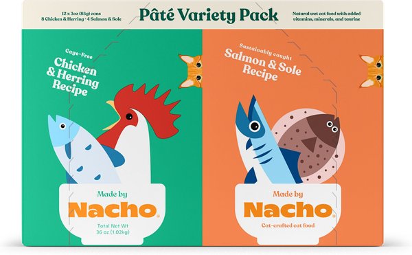 Made by Nacho Chicken， Herring and Salmon Variety Pack Grain-Free Pate Wet Cat Food， 3-oz can， case of 12