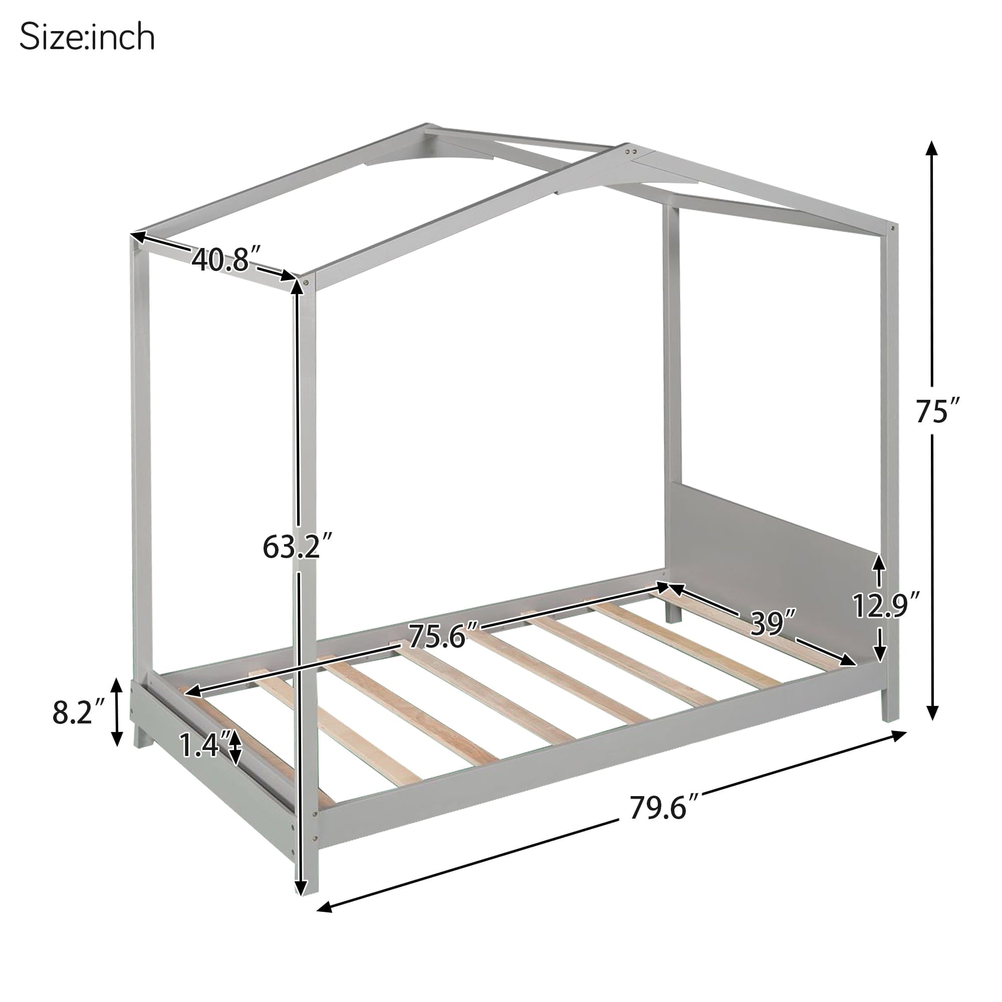 EUROCO  Wood Twin Size House Bed with Roof for Kids, Gray