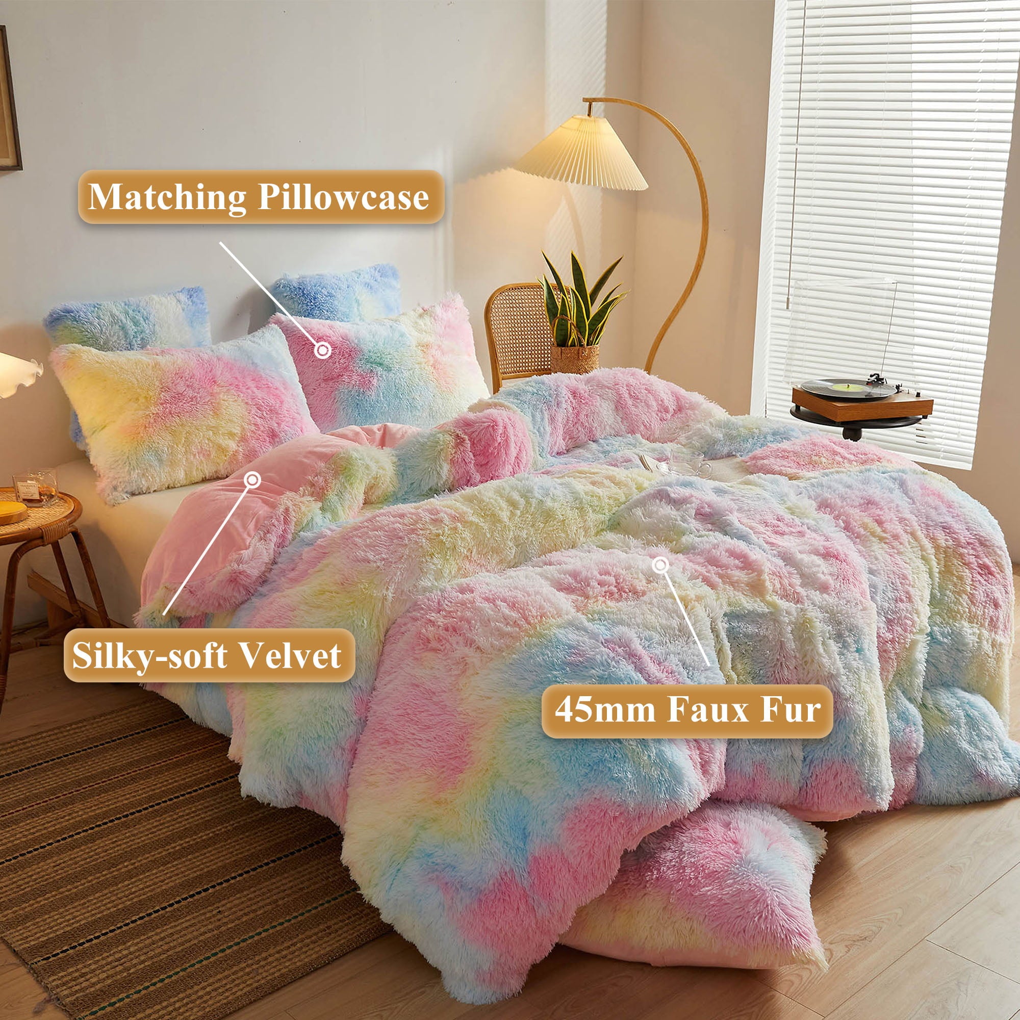 XeGe Tie Dye Plush Shaggy Duvet Cover Set， 3 Pieces Soft Velvet Fluffy Furry Bedding Set Rainbow Print(1 Multicolor Faux Fur Fuzzy Comforter Cover + 2 Pillowcases)， Zipper Closure(King Size， Rainbow)