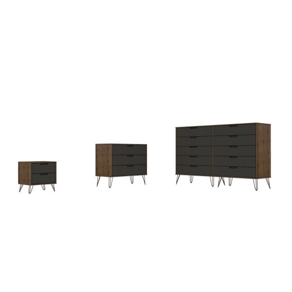 Rockefeller 3 Piece Bedroom Set Tall Wide 10-Drawer Dresser， Standard 3- Drawer Dresser and 2-Drawer Nightstand in Nature and Textured Grey