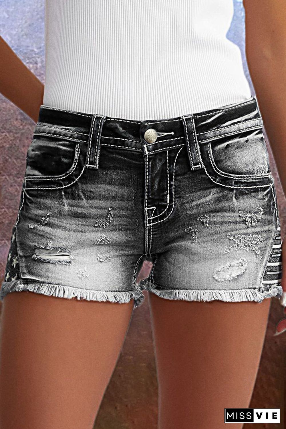 Star & Striped Embroidered Ripped Raw Hem Denim Shorts