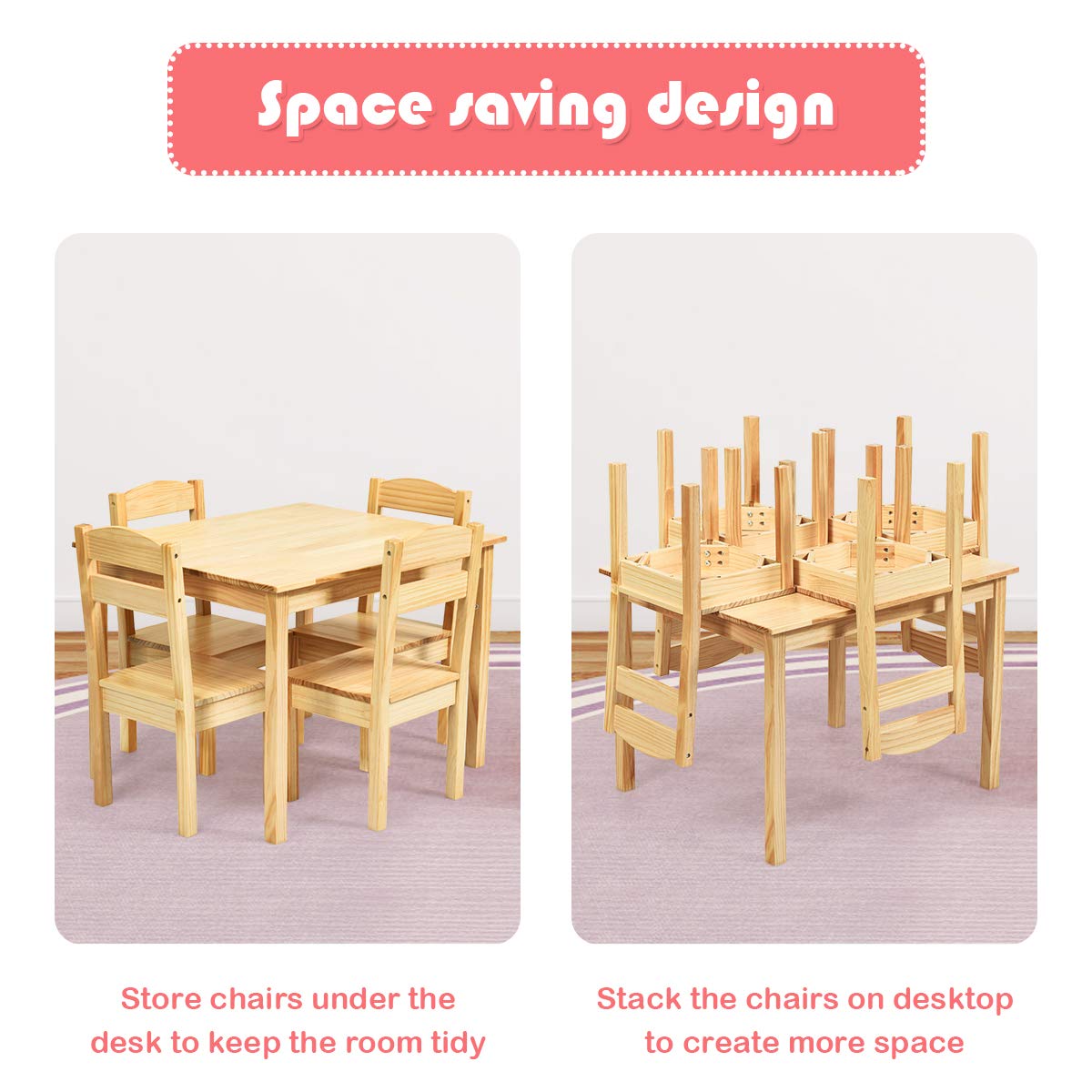 Costzon Kids Table and Chair Set, 5 Piece Wood Activity Table & Chairs (Natural)