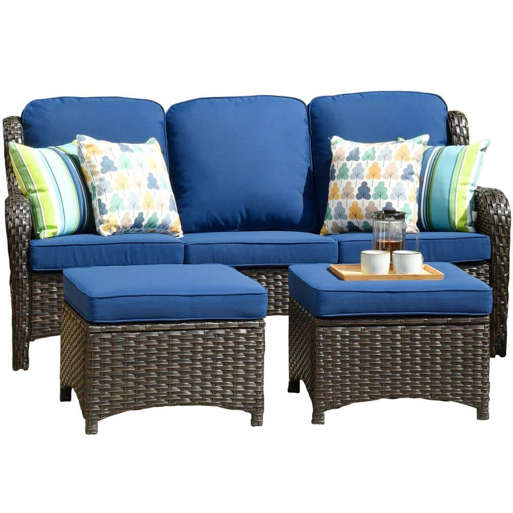 OVIOS Joyoung Brown 3-Piece Wicker outdoor Patio Sectional Conversation Seating Set with Navy Blue Cushions YJNTC7021