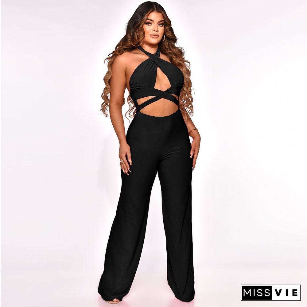 Cut Out Halter Neck Backless Wed Leg Jumpsuit