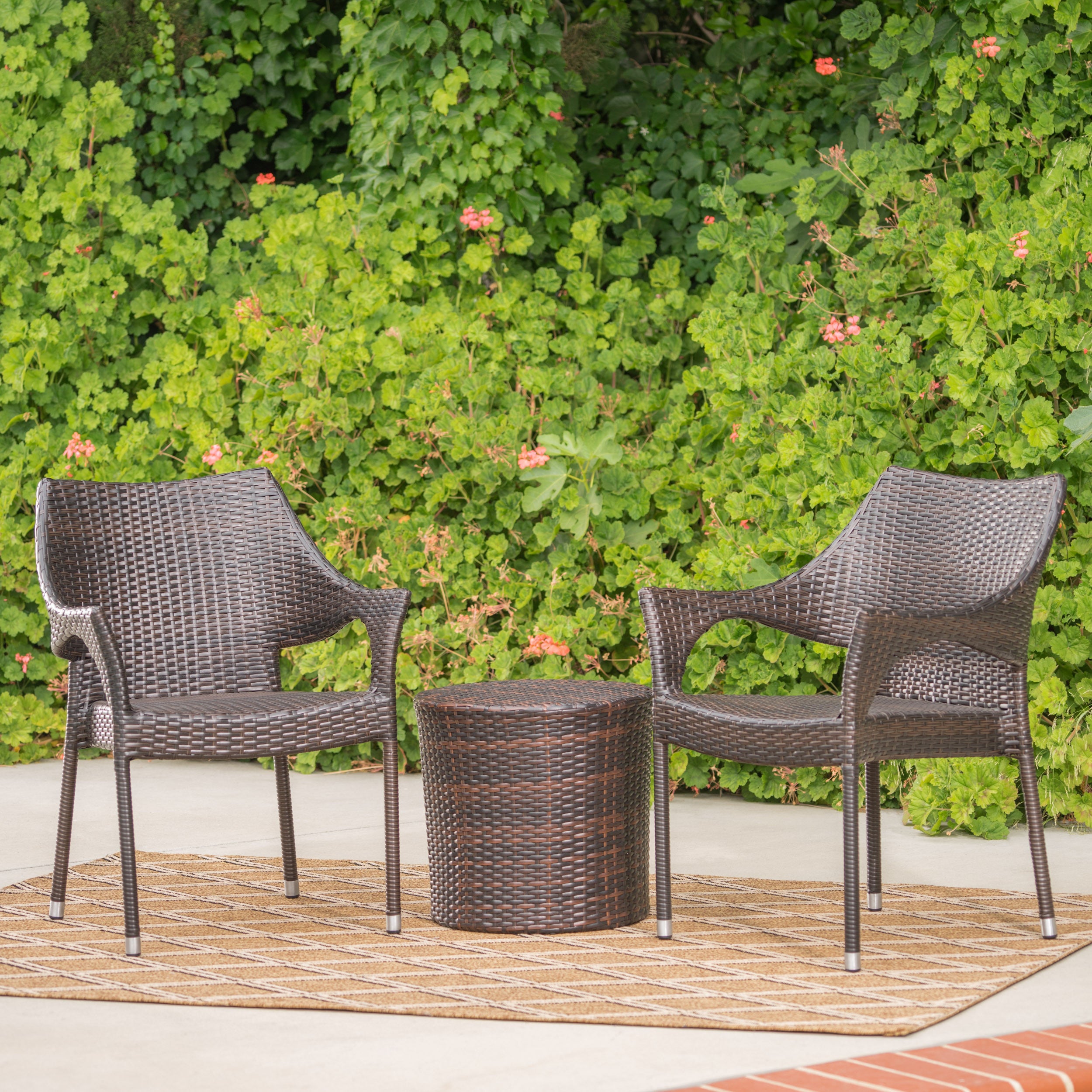 Alfheimr Outdoor 3 Piece Multi-brown Wicker Stacking Chair Chat Set