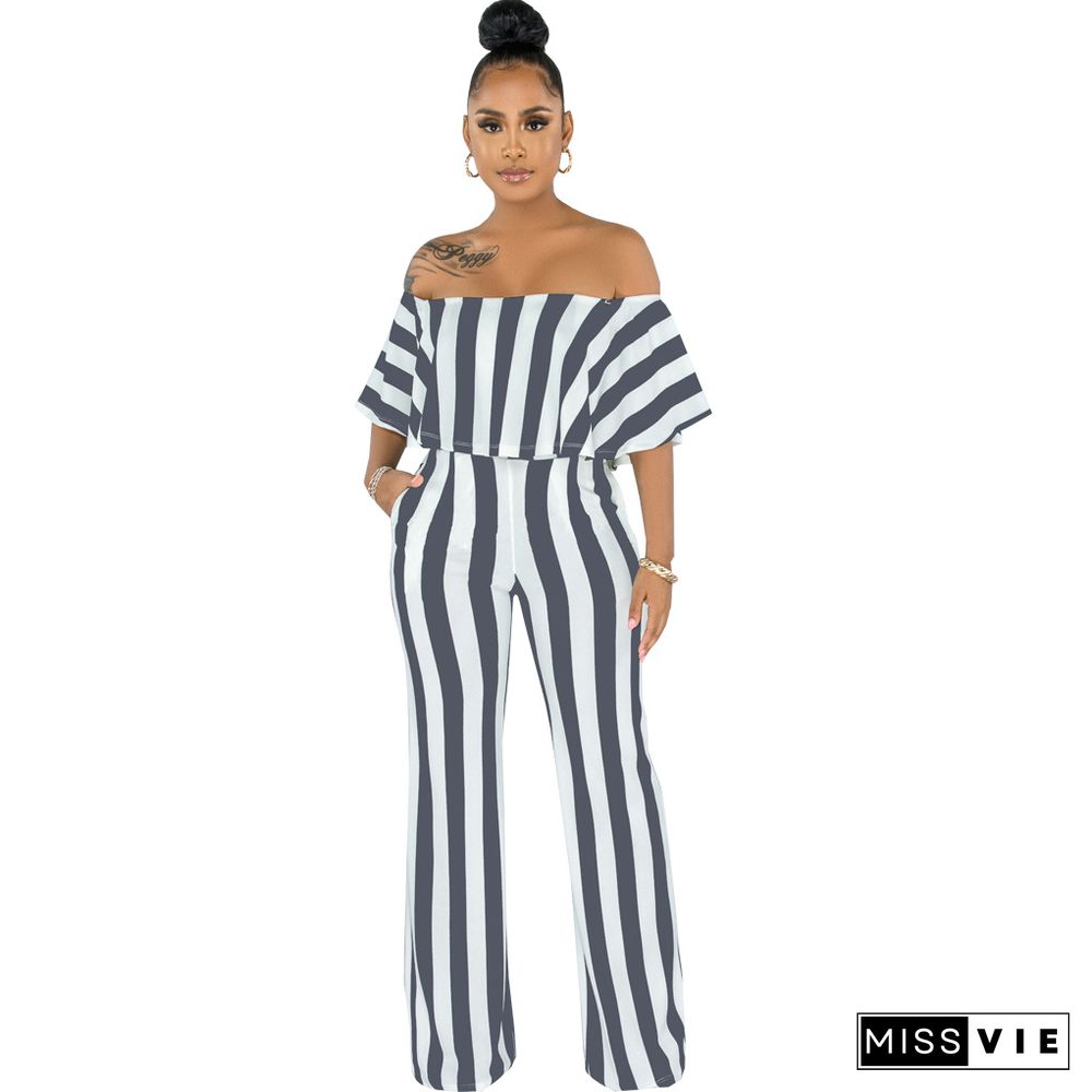 Striped Off Shoulder Wide Leg Jumpsuits