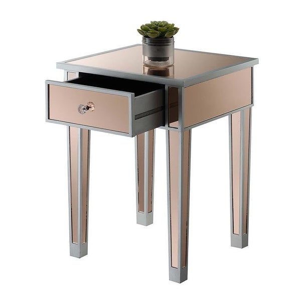 Gold Coast Mirrored End Table with Drawer， Antique Silver