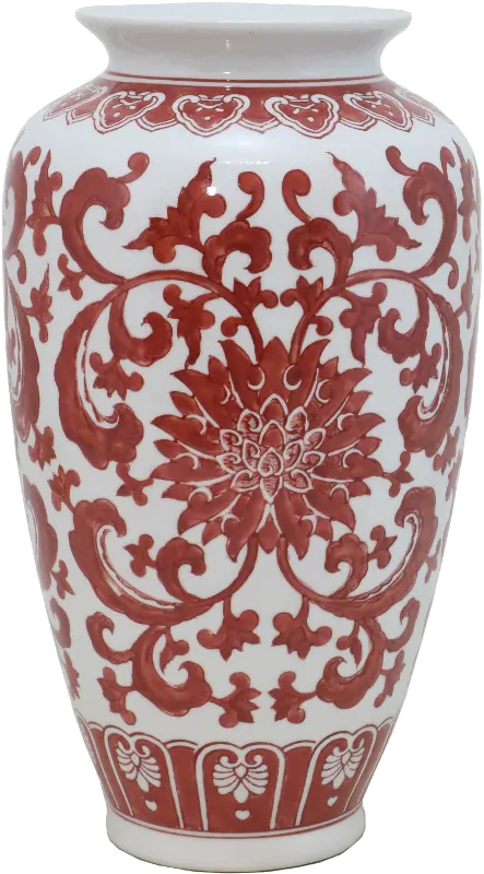 15 Inch Red and White Floral Ceramic Vase