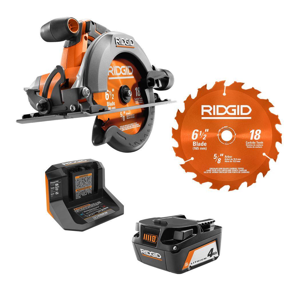 RIDGID 18V Cordless 6 12 in. Circular Saw Kit with (1) 4.0 Ah Battery and Charger with Extra 6-12 in. Circular Saw Blade R8655KN-AC612N