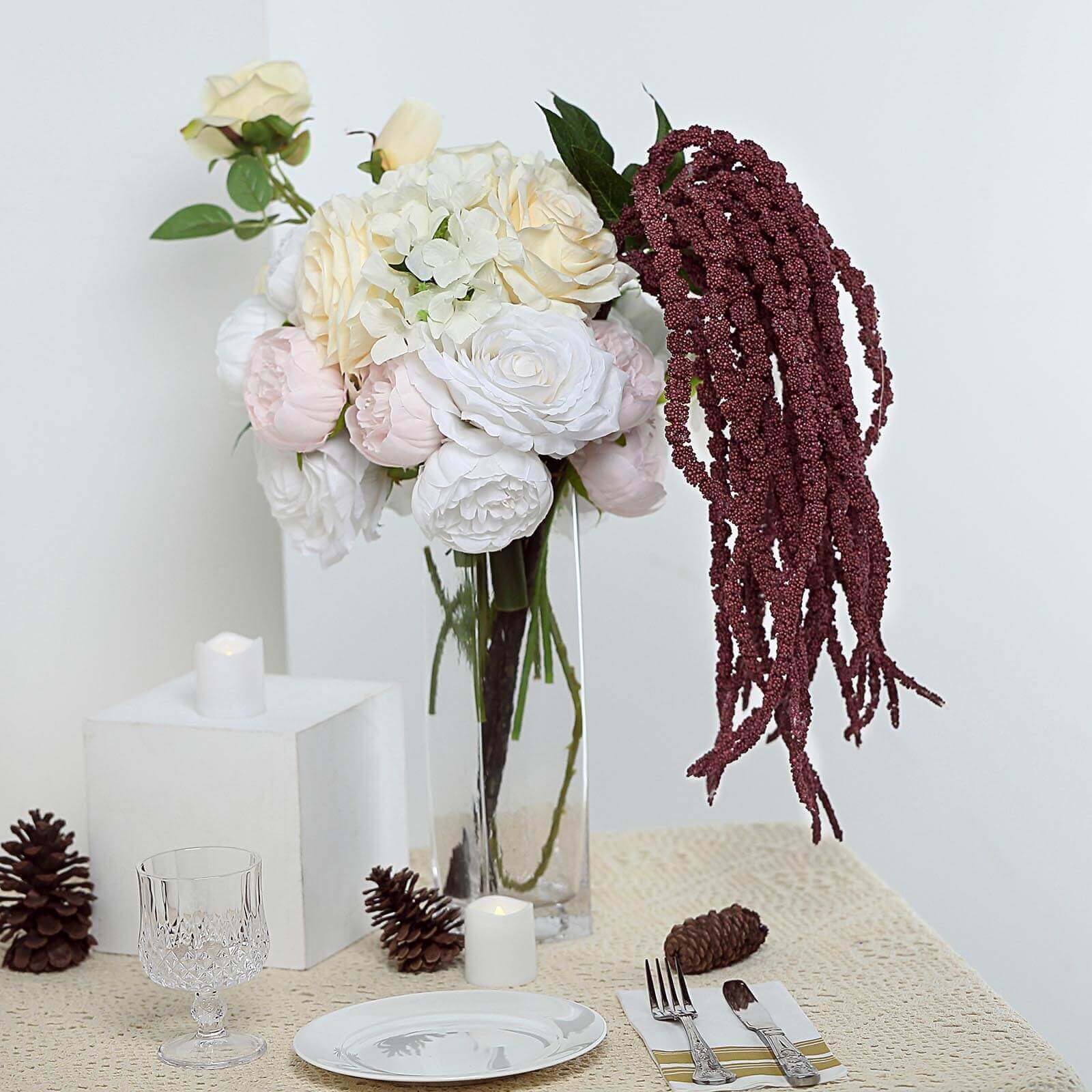 2 Pack Burgundy Artificial Amaranthus Flower Stem Spray and Ivy Leaves 32