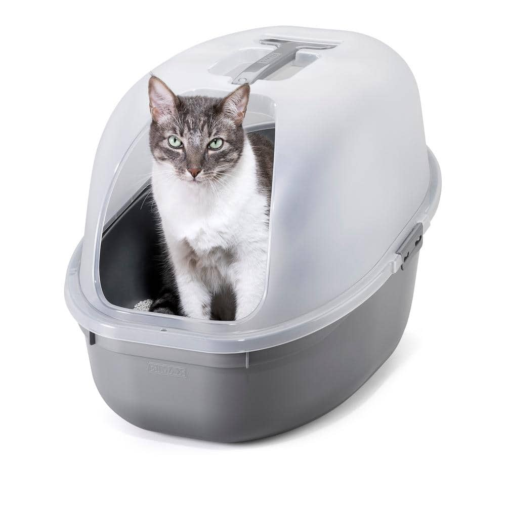 Rimax Plastic Hooded Cat Litter Box with Scoop in Light Gray and Metallic Gray 12051