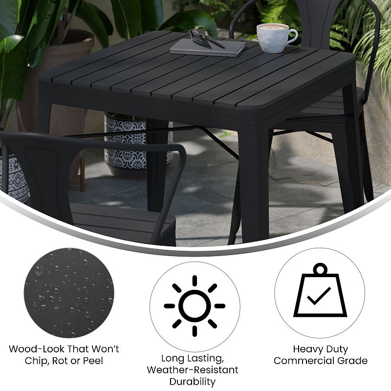 Merrick Lane Hara 31.5 Square Indoor/Outdoor Black Steel Patio Dining Table for 4 with Black Poly Resin Slatted Top