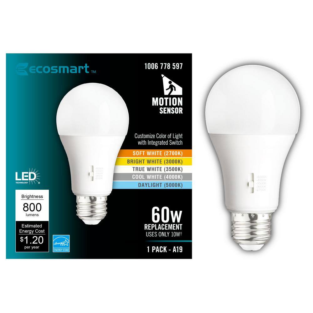 EcoSmart 60-Watt Equivalent A19 Dimmable CEC Motion Sensor LED Light Bulb with Selectable Color Temperature (1-Pack) 11A19060WCCTM01