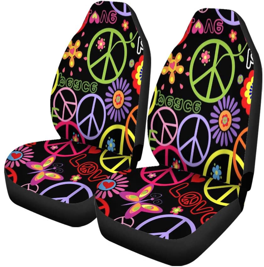 ZHANZZK Set of 2 Car Seat Covers Colorful Love Hippie Peace Symbol Mushrooms and Abstract Flowers Universal Auto Front Seats Protector Fits for Car，SUV Sedan，Truck