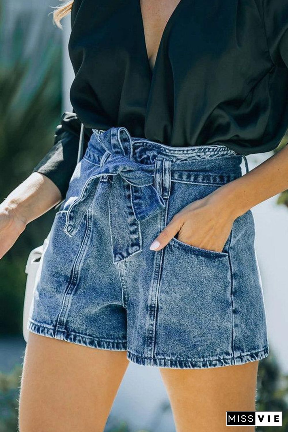 Casual Solid Pocket With Belt High Waist Denim Shorts