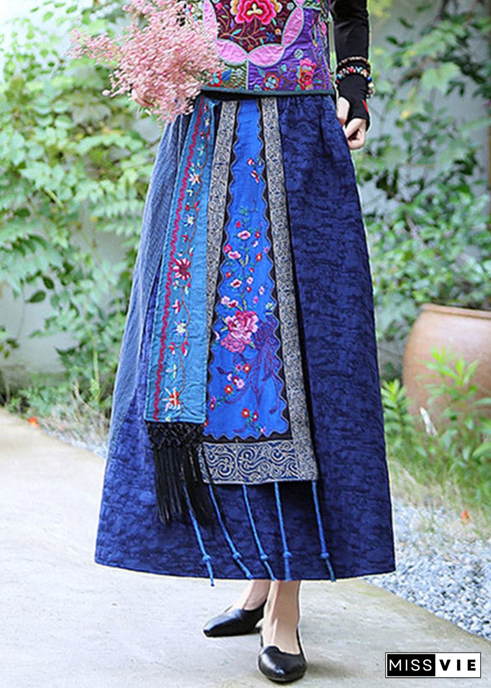 Blue Patchwork High Waist Tassel Maxi Skirts