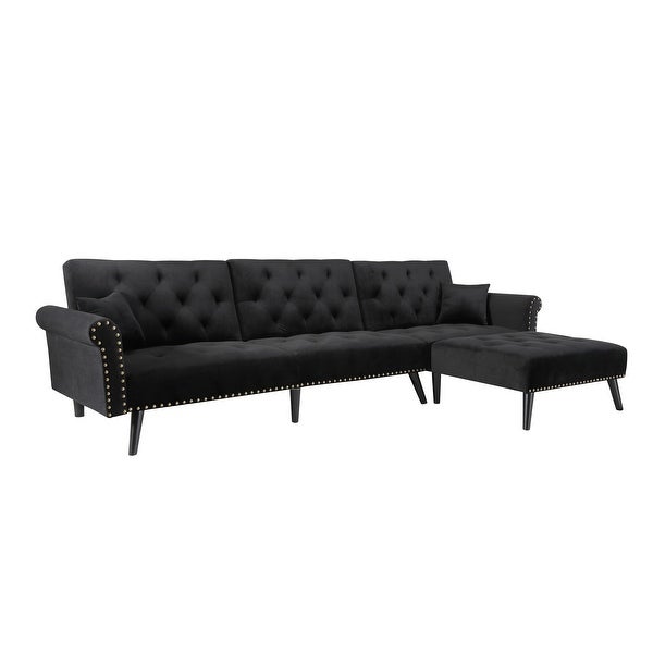 2 Pieces Convertible Reversible Sectional Sofa Velvet Upholstered Sofa Sleeper Furniture Chaise with Inlaid Rivet Decoration