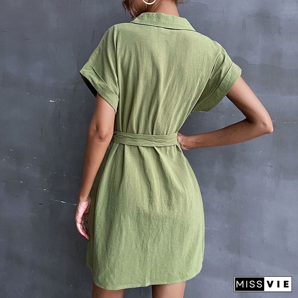 Lapel Lace Up Green Commuter Shirt Cotton Linen Dress Linen