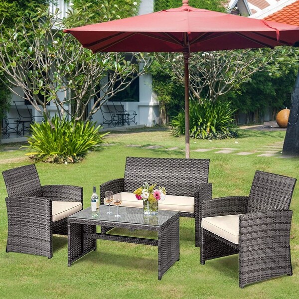 Gymax 4PCS Patio Outdoor Rattan Furniture Set Chair Loveseat Table