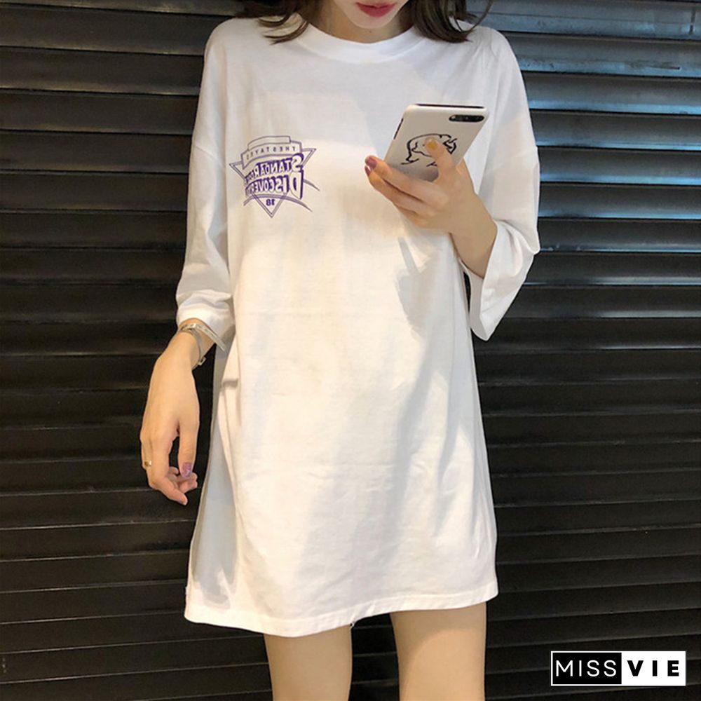 T-Shirts Women Half Sleeve O-Neck Lengthen Loose Streetwear Letter Printing Chic Summer Clothing Harajuku Soft Thin All-Match