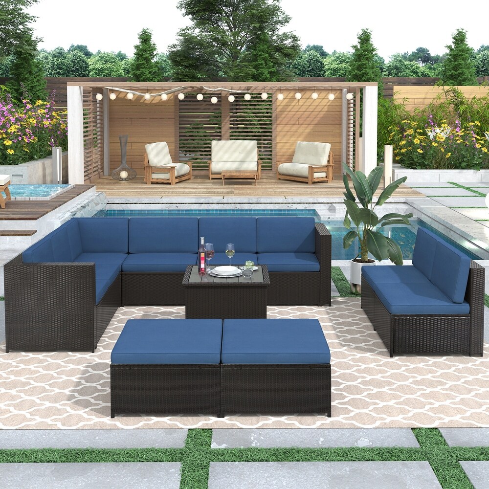 9 Piece Rattan Sectional Seating Group with Cushions and Ottoman