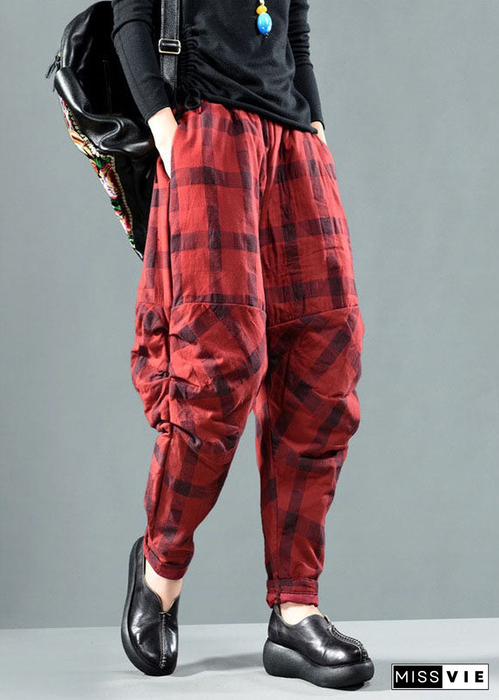 Red Plaid Patchwork Fine Cotton Filled Pants Winter