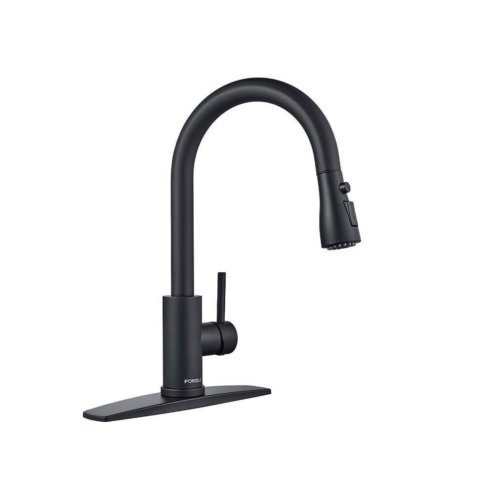 FORIOUS Pull Down Sprayer Kitchen Faucet ，Single Handle Kitchen Sink Faucet ， Matte Black