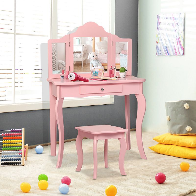 Kids Makeup Dressing Mirror Vanity Table Stool Set