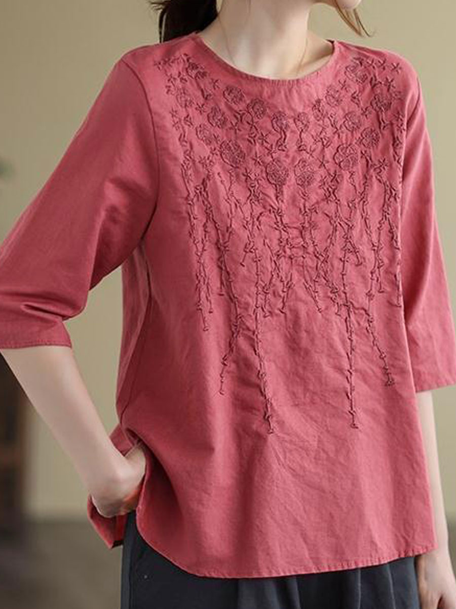 Round Neck Casual Loose Embroidered Short Sleeve Blouse