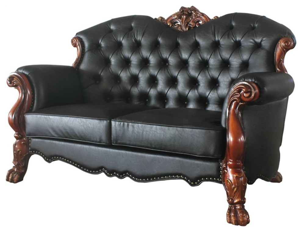 Bowery Hill Traditional Faux Leather/Wood Loveseat with 3 Pillows in Black   Victorian   Loveseats   by Homesquare  Houzz