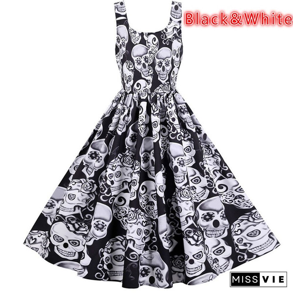 Women Halloween Party Dress Sleeveless Skull Pumpkin Printed Swing Dress