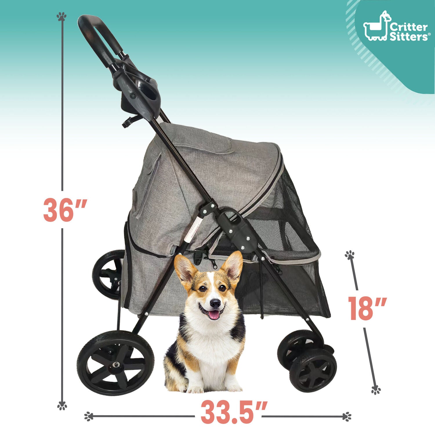 Critter Sitters Grey Foldable Pet Stroller for Small Dogs/Cats with Breathable Scratch Resistant Mesh Windows | Cup Holders | Storage Pockets | Lockable Wheels | Safety Leash | Animal Transportation