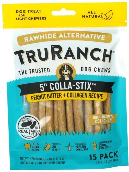 TruRanch Peanut Butter Collagen Sticks Hard Chew Dog Treats， 5-in， 15 count