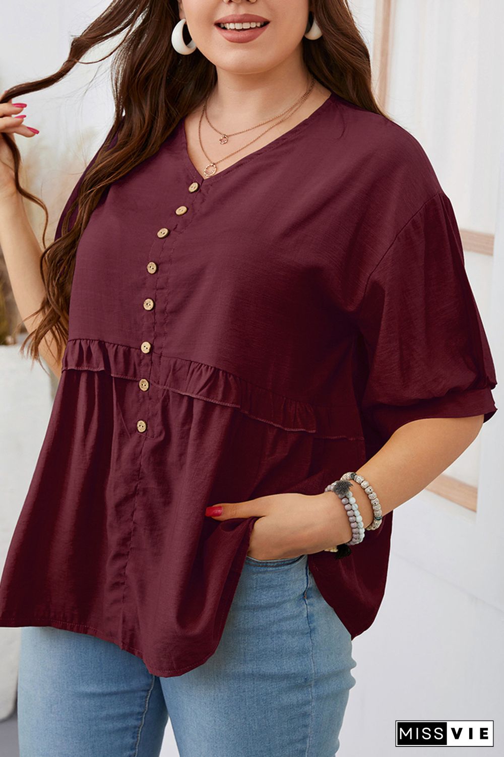 Button Down V Neck Ruffle Plus Size Top