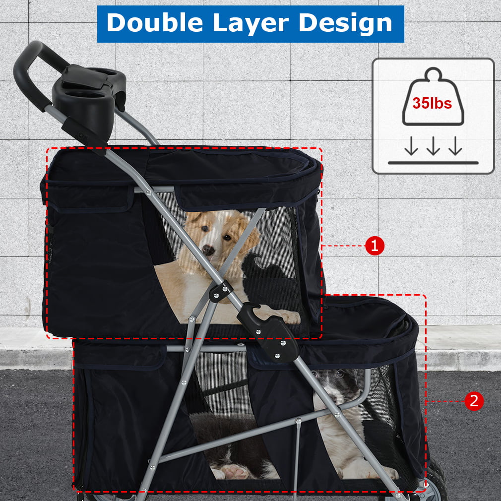 Double Tier Dog Stroller Cat Stroller for 2 Medium Dogs Folding Pet Stroller 4 Wheels Breathable Travel Pet Jogger Stroller with Removable Pad and Cup Holder， Black