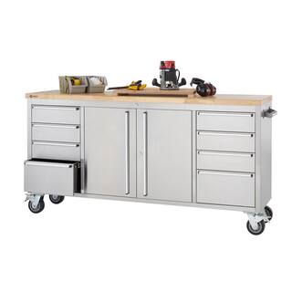 Trinity 6 ft. 8-Drawer Stainless-Steel Corner Rolling Mobile Workbench with Storage TLS-7204