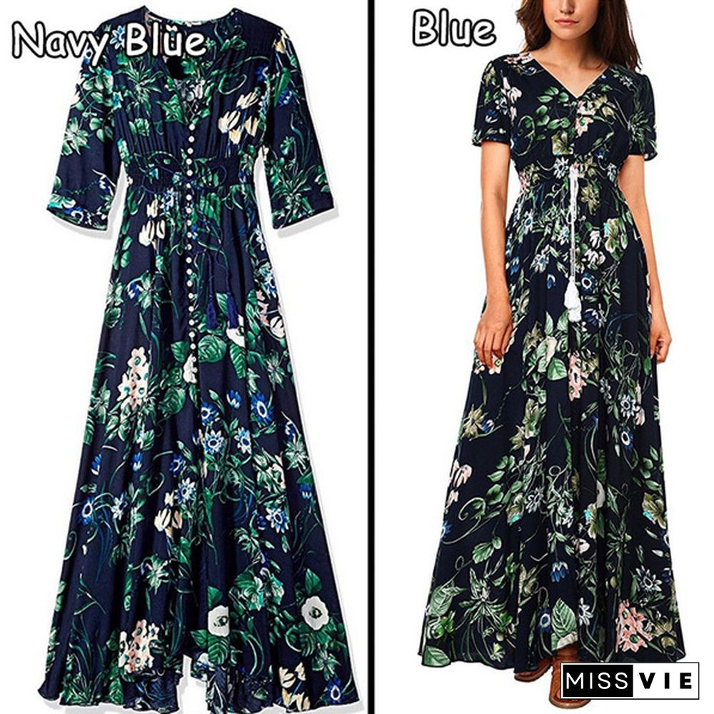 Fashion Bohemian Dress Womens V Neck Floral Print Big Swing Long Dress