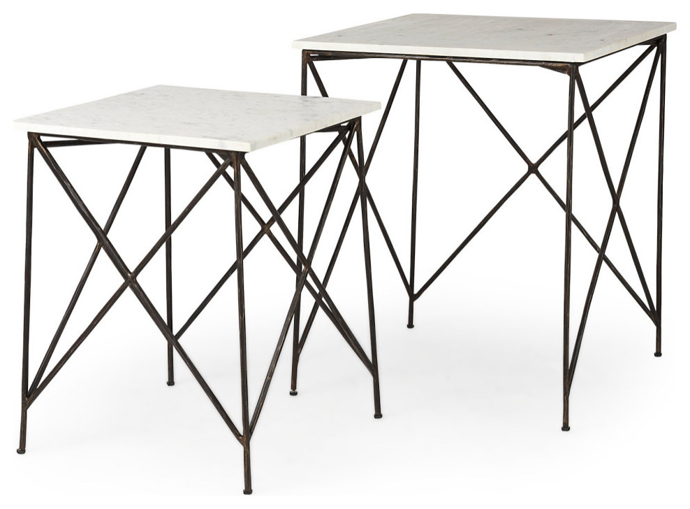 Lorlei White Marble Top With Antique Gold Legs Side Table  2 Piece Set   Industrial   Coffee Table Sets   by Mercana  Houzz