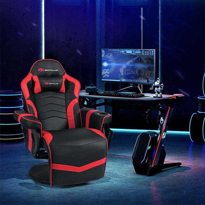 PU Leather Massage Gaming Chair, Ergonomic High Back Racing Style Gaming Recliner with Adjustable Backrest & Footrest, Cup Holder, Side Pouch