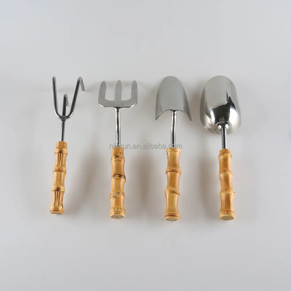 2023 New Natural Bamboo Root Wood Wooden Handle Stainless Steel Small Garden Plant Tool Set of Shovel Trowel Fork Claw Rake