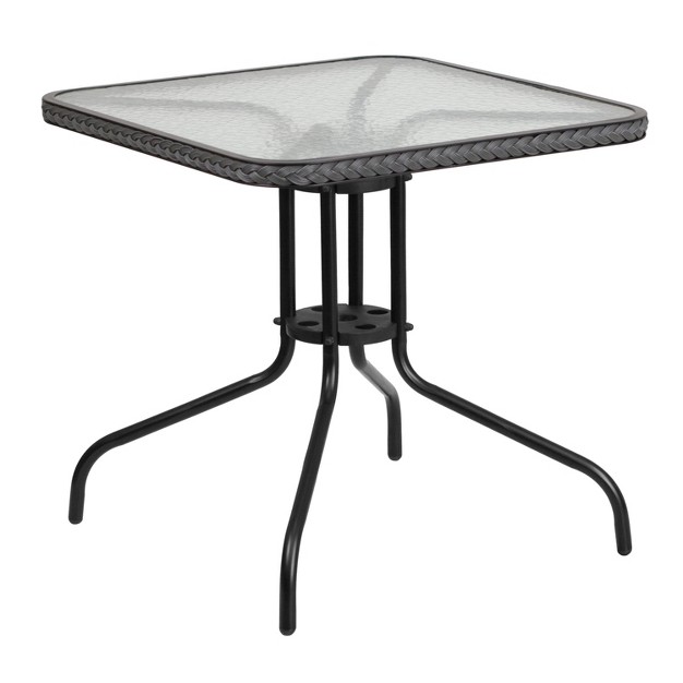 Square Tempered Glass Metal Table With Rattan Edging