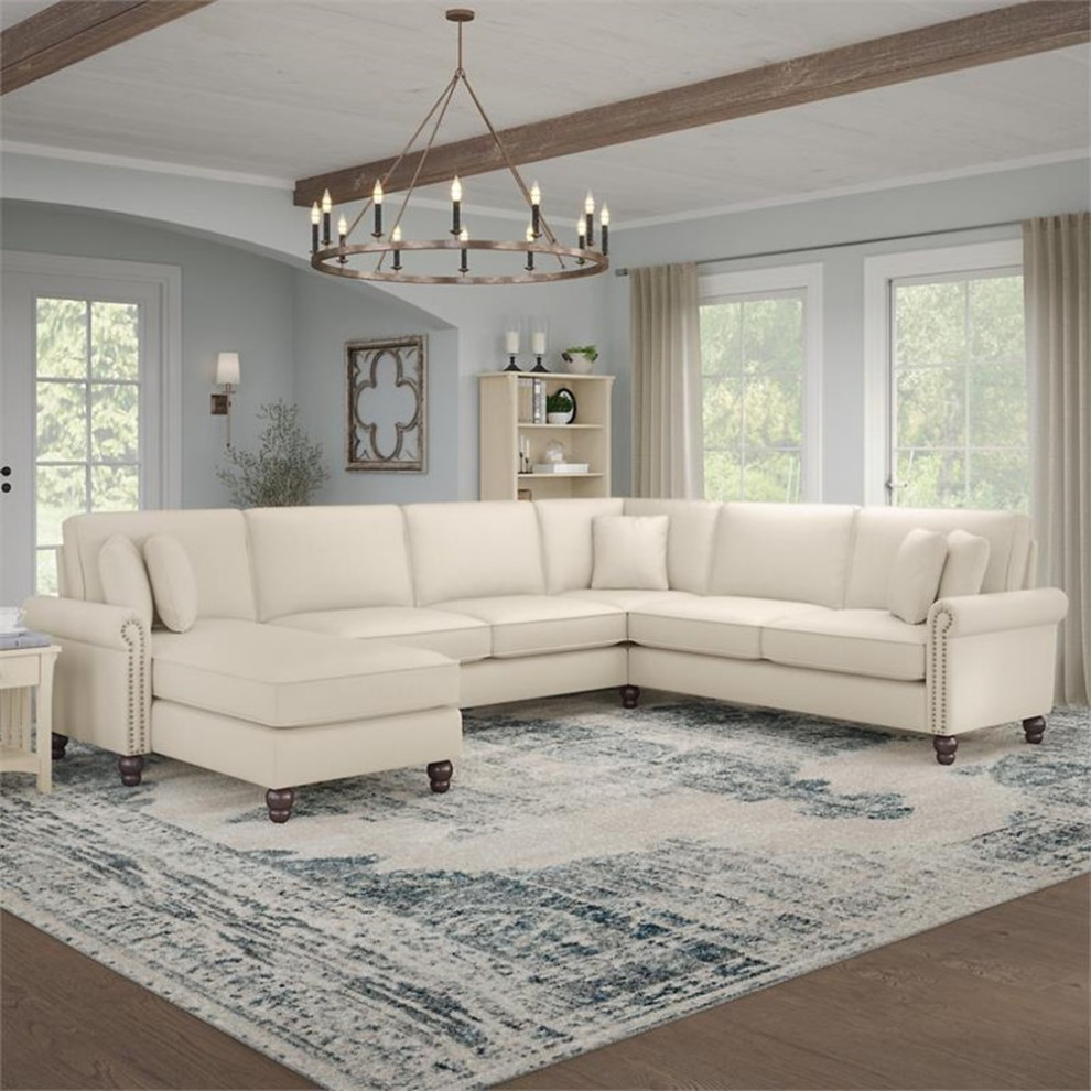 Pemberly Row U Shaped Sectional with Rev. Chaise in Cream Herringbone Fabric   Traditional   Sectional Sofas   by Homesquare  Houzz