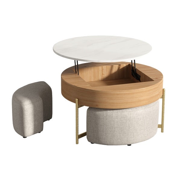 Lifting-top Round Modern Coffee Table with 3 Nesting Stool， Carbon Steel Legs