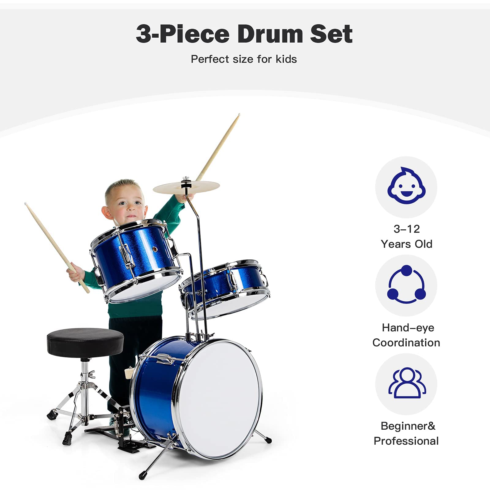 Costzon 3-Piece Kids Drum Set, 13 inch Junior Drum Set with 3 Drums (Bass Snare Tom)