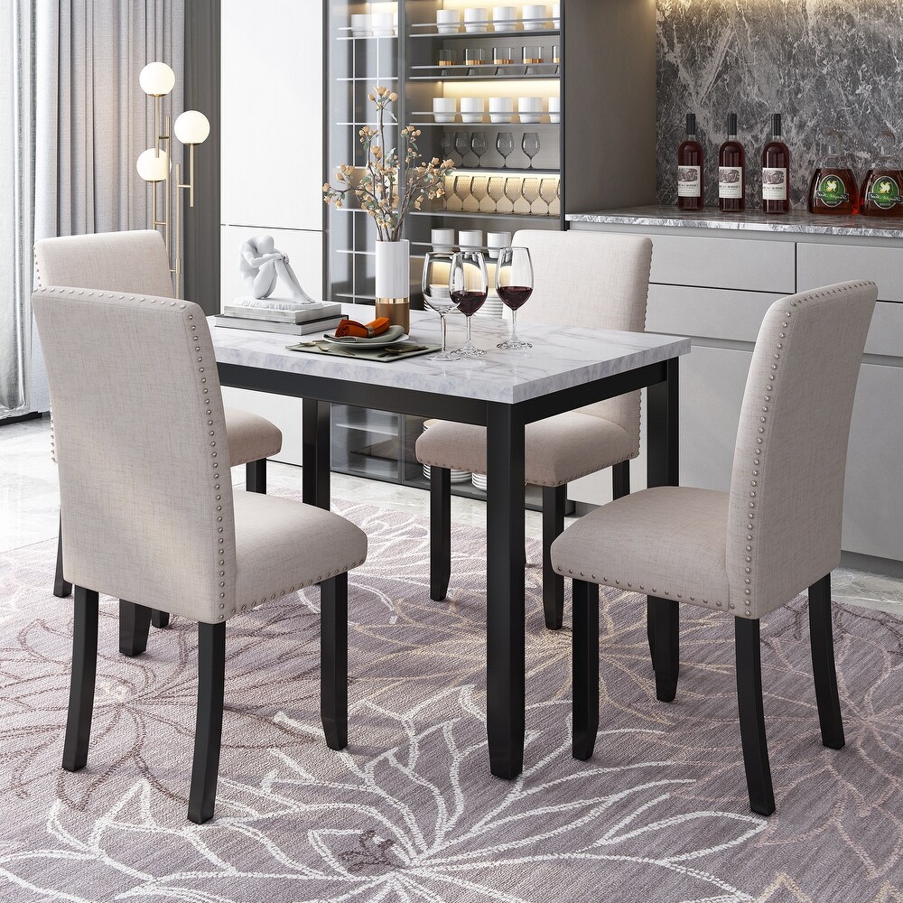 Faux Marble 5 Piece Dining Set Table